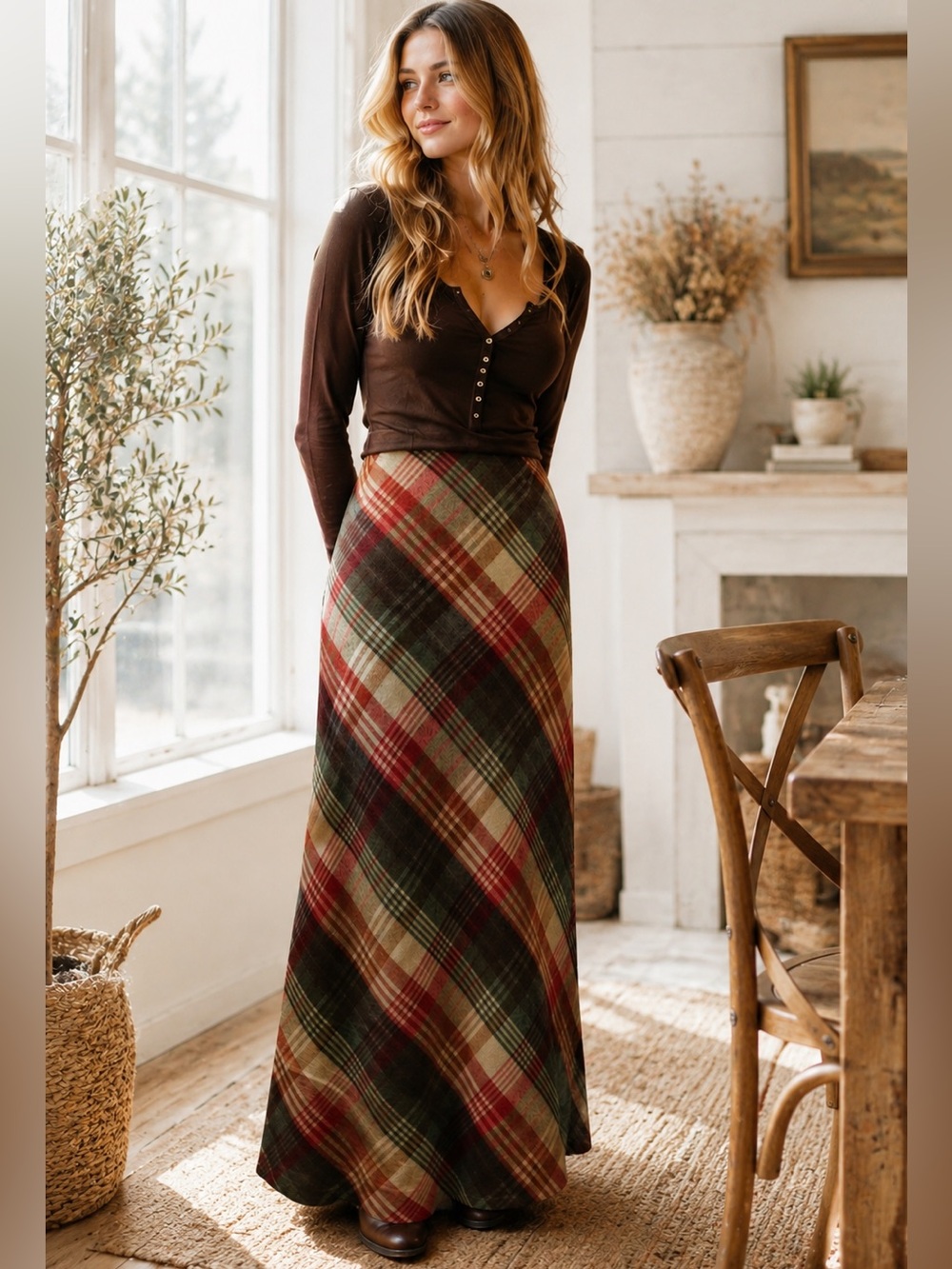 Willi Smith Petite plaid wool flared maxi skirt